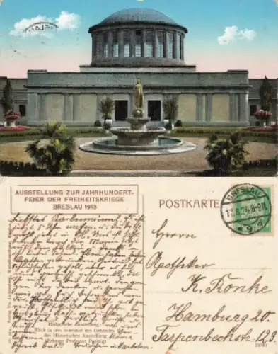 Breslau Schlesien Jahrhundertfeier der Freiheitskriege 1913 Postkarte Nr.32a Wroclaw o 1924
