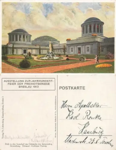 Breslau Schlesien Jahrhundertfeier der Freiheitskriege 1913 Postkarte Wroclaw