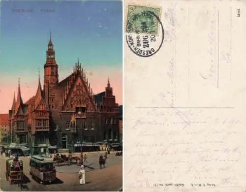 Breslau Schlesien Rathaus Wroclaw Bahnpost Dresden-Kohlfurt-Breslau Zug 264 o 1915