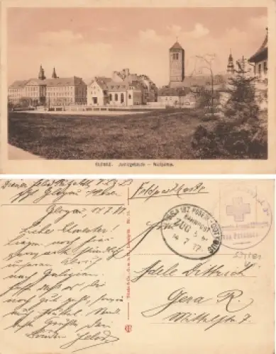Glogau Schlesien Justizgebäude Glogów Feldpost Vereinslazarettzug L3 Bahnpost Lippa-Cottbus Zug 5 1917