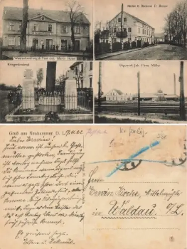 Neuhammer Oberlausitz Sägerwerk Bäckerei Warenhandlung Kriegerdenkmal Widokówka wieloobrazkowa o 1922