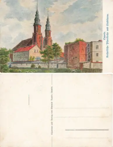 Oppeln Oberschlesien Pfarrkirche und Stadtturm Künstlerkarte Raabe Opole * um 1920