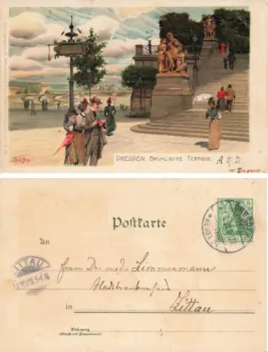 Dresden Brühlsche Terrasse Künstlerkarte Paul Hey o 1903