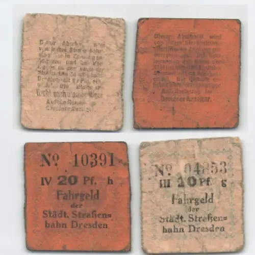 Dresden 2 Straßenbahn Tickets IV 20 Pf und III 20 Pf. um 1920