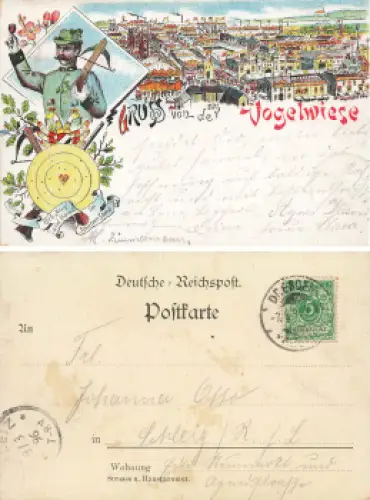 Dresdner Gruss von der Vogelwiese Litho Armbrustschütze o 1896