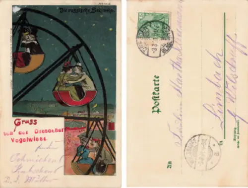 Dresdner Gruss von der Vogelwiese Litho Kuss auf dem Riesenrad o 1901