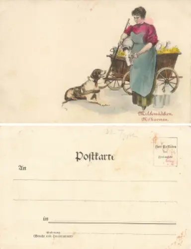 Milchmädchen mit Hundekarren Litho * um 1900