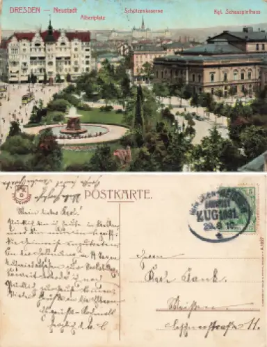 Dresden Neustadt Albertplatz mit Schützenkaserne und Schauspielhaus Bahnpoststempel Dresden-Meissen Zug 1631 o 1910
