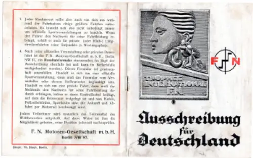 Motorrad Trophee International F.N. Motoren Gesellschaft Ausschreibung Heft 8 Seiten um 1920