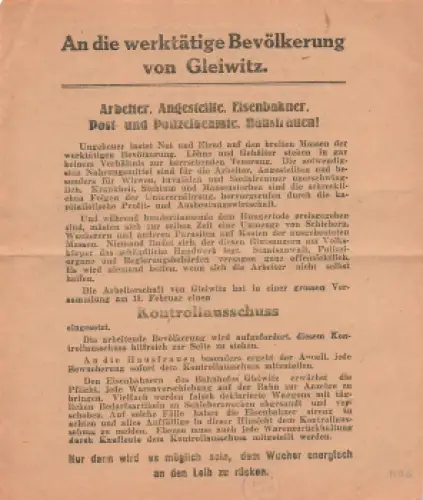 Gleiwitz Oberschlesien Kontrollausschuss gegen Wucher Flugblatt um 1920