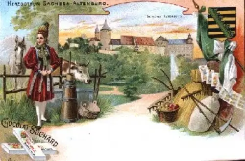 04600 Altenburg Farblitho Kühe Pferde Chocolat Suchard Werbung * ca. 1900