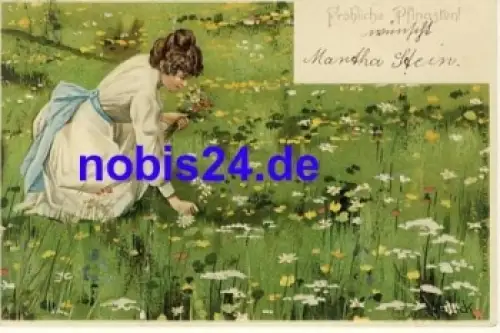 Frau auf Wiese Künstlerkarte Mailick o 1902
