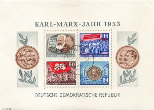 DDR Block 9 A Karl Marx Block gezähnt Tagesstempel o Nauen 1953