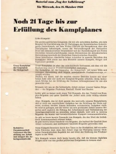 Material zum "Tag der Aufklärung" 18. Oktober 1950 Kampfplan der SED Wismut-AG