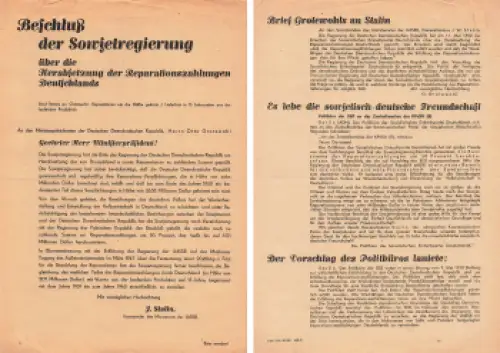 Beschluß der Sowjetregierung Herabsetzung der Reparationszahlungen 1950 Flugblatt