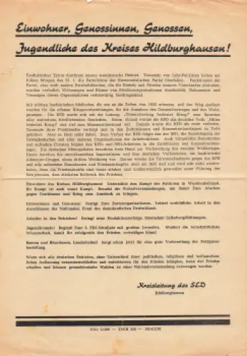 Hildburghausen Propagandaplakat der SED 1952 A4