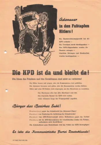 KPD Verbot Propaganda Plakat Adenauer A4 der SED Bezirk Suhl 1956