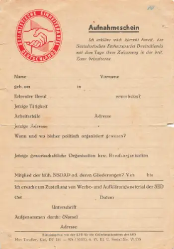 SED Aufnahmeschein britische Zone um 1946