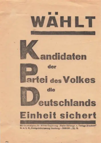 KPD Hamburg Handzettel zur Wahl 1946