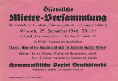 KPD Lübeck Handzettel zur Mieter Versammlung Hundstrasse Glockengießerstrasse und Lang Lohberg 1946
