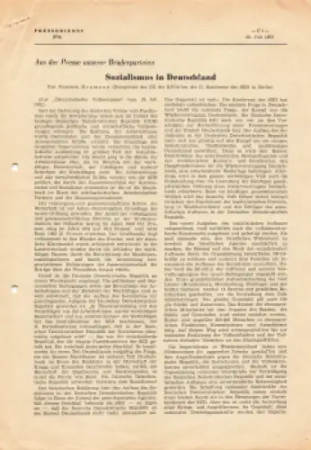 Sozialismus in Deutschland Pressedienst der DDR 3 Seiten 1952