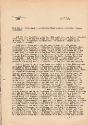 sowjetische Mähdrescher Pressedienst der DDR 8 Seiten 1952