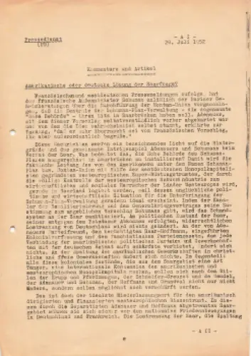 Amerikanische oder Deutsche Lösung der Saarfrage? Pressedienst der DDR 6 Seiten 1952