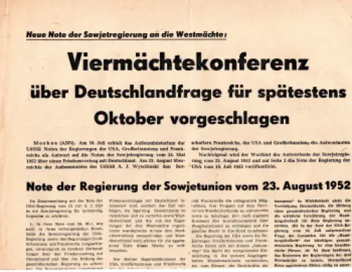 Viermächtekonferenz Note der Sowjetregierung 1952 A3 beidseitig