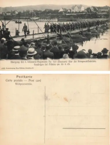 Söbrigen Dresden Kriegsschiffbrücke Übergang des 4. Infanterie Regiments No 103 Bautzen 1905