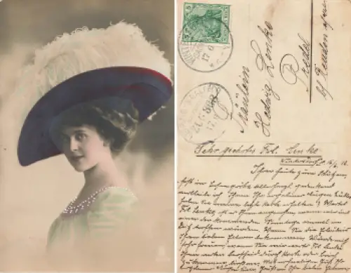 Dame mit Federhut Bahnpost Leipzig-Saalfeld Zug 368 1912
