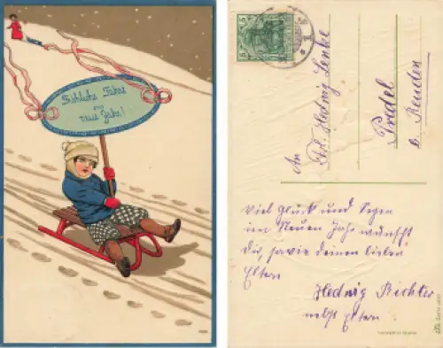 Kind mit Rodelschlitten Neujahr Künstlerkarte o 1915