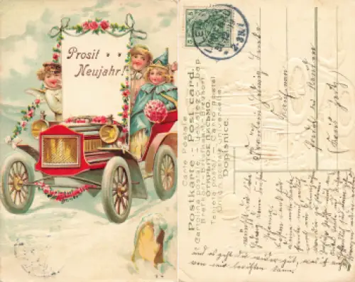 Engel mit Auto Neujahrs Prägekarte o 1909