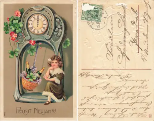 Jugendstil Uhr mit Sekt Neujahrs Prägekarte o 1910
