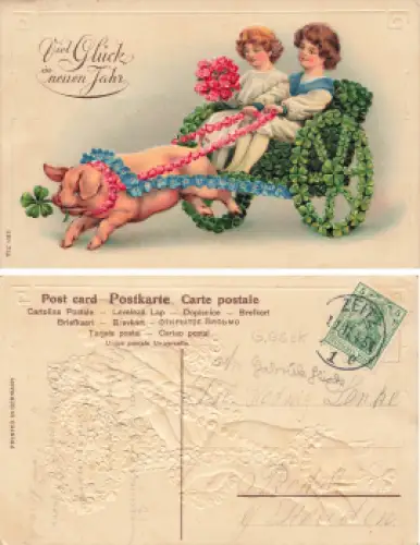 Schwein mit Kusche Neujahrs Prägekarte o 1911