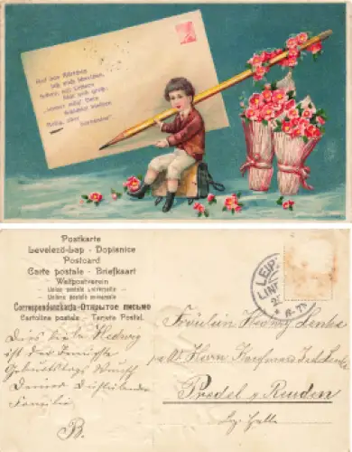 Brief schreibender Junge Prägekarte um 1910
