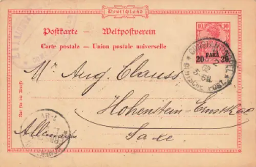Deutsche Post in der Türkei Ganzsache 20 Para auf Reichspost o Constantinopel 1902