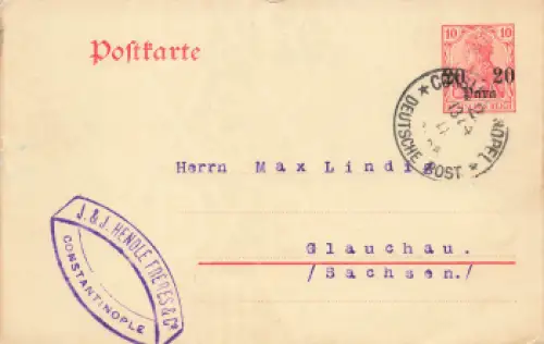 Deutsche Post in der Türkei Ganzsache 20 Para mit Wasserzeichen o Constantinopel  2 1911