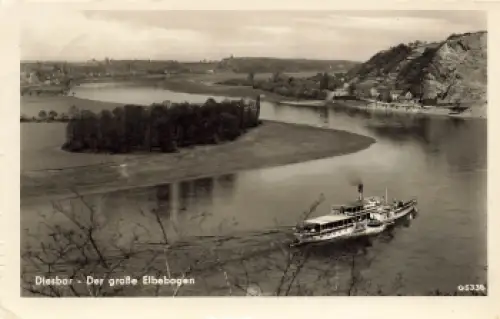01612 Diesbar Der große Elbebogen Landpoststempel  o 1957 auf AK mit Elbdampfer Einheit