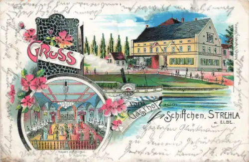 01616 Strehla Elbe Gasthof zum Schiffchen Litho o 1900