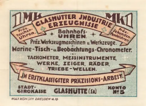 01768 Glashütte Sachsen Notgeldschein 1 Mark 1921