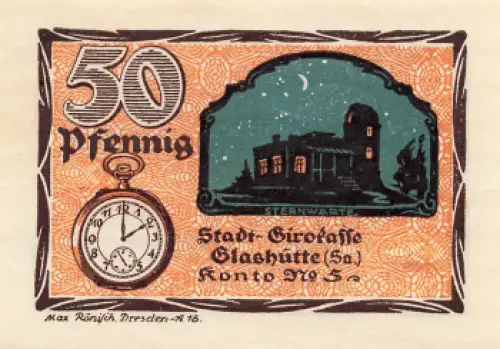 01768 Glashütte Sachsen Notgeldschein 50 Pfennig Sternwarte 1921