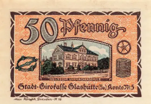 01768 Glashütte Sachsen Notgeldschein 50 Pfennig Deutsche Uhrmacherschule 1921
