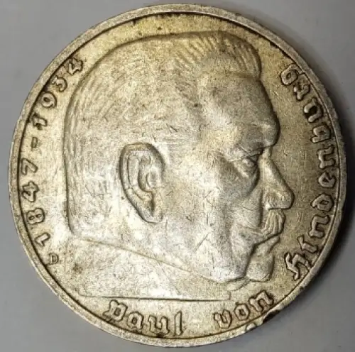 Jäger 0360 - 5 Reichsmark 1936 D Hindenburg Silbermünze Deutsche Reich