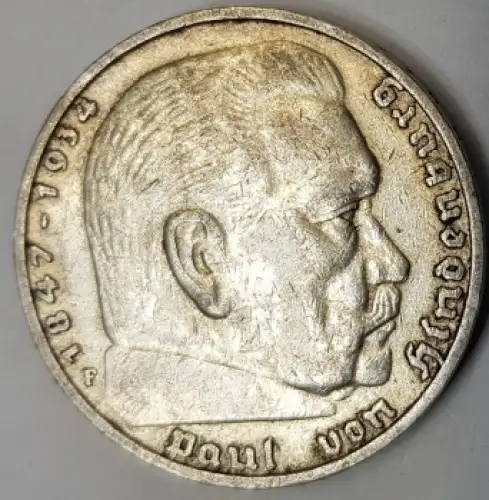 Jäger 0360 - 5 Reichsmark 1936 F Hindenburg Silbermünze Deutsches Reich