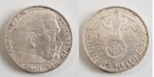 Jäger 366 - 2 Reichsmark 1937 E Hindenburg Silbermünze Deutsches Reich