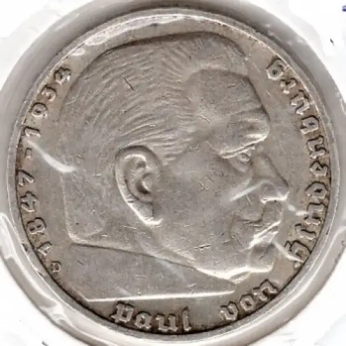 Jäger 0367 - 5 Reichsmark 1936 D Hindenburg Hakenkreuz Silbermünze