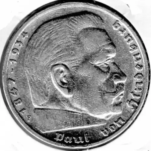 Jäger 0367 - 5 Reichsmark 1936 F Hindenburg Hakenkreuz Silbermünze