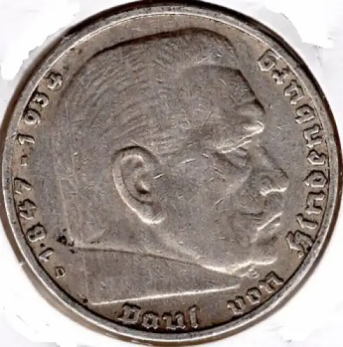 Jäger 0367 - 5 Reichsmark 1937 D Hindenburg Hakenkreuz Silbermünze