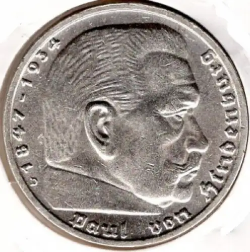Jäger 0367 - 5 Reichsmark 1938 D Hindenburg Hakenkreuz Silbermünze