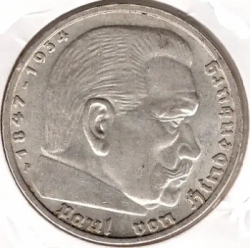 Jäger 0367 - 5 Reichsmark 1938 F Hindenburg Hakenkreuz Silbermünze